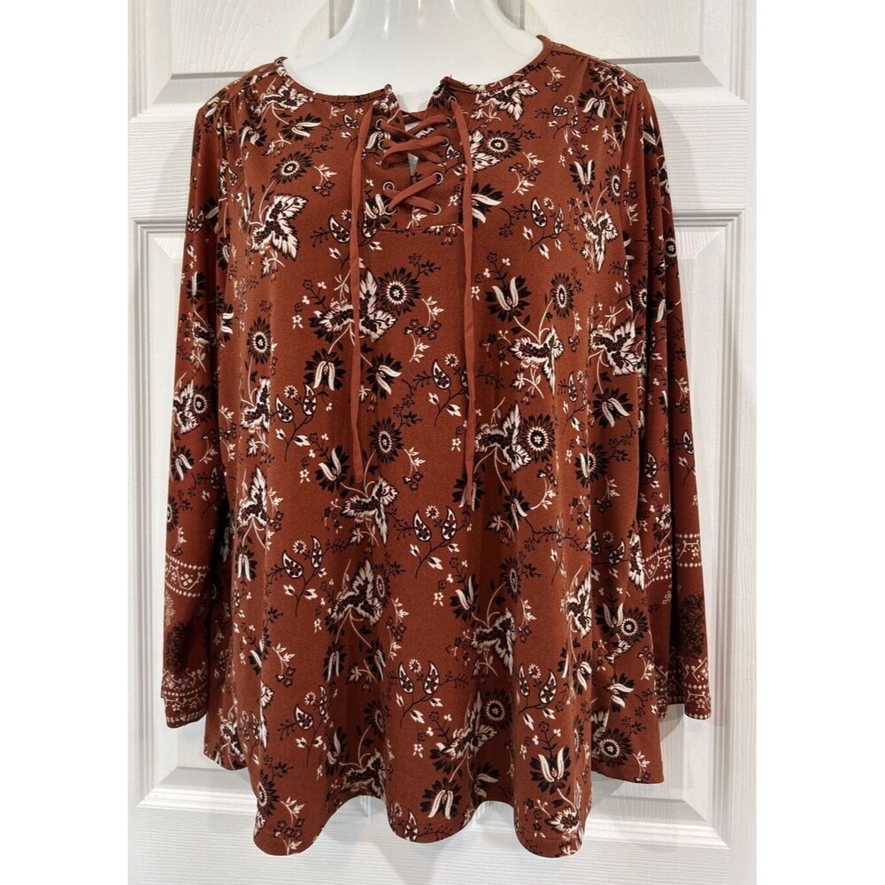 Style & Co Women Plus Size 2X Top Tunic Blouse Cinnamon Stretch Knit Laced Neck